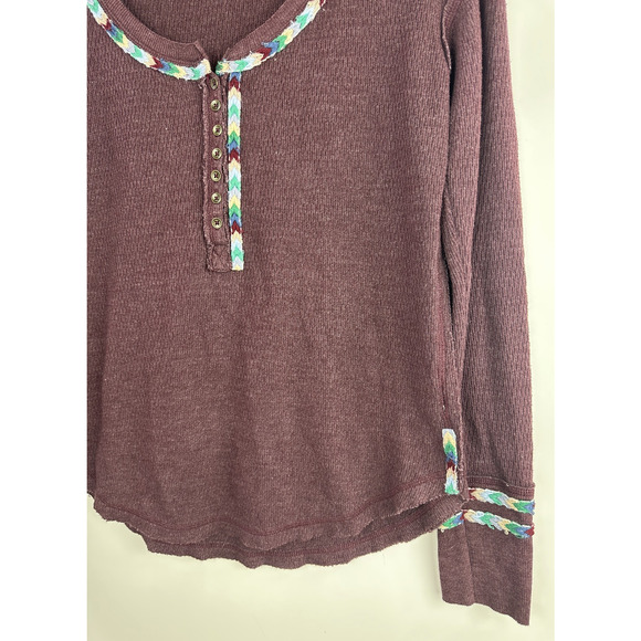 We The Free People Rainbow Trim Henley Thermal Top Small Boho Embroidered Wine - Picture 4 of 13